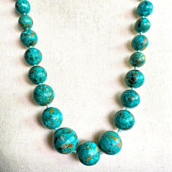 ALUMA IL Marbled Mosaic Teal Green Graduated Bead Necklace Hand Knotted EUC - Picture 5 of 7